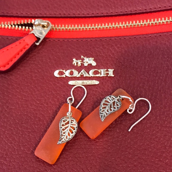 Beautiful orange glass and silver Leaf Earrings - Picture 1 of 2